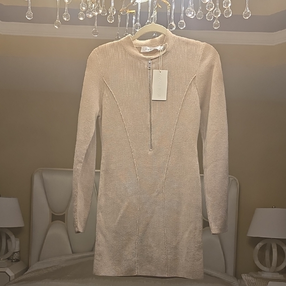 Aya Muse Merino Wool- Cashmere, Silk Taupe Long Sleeve Dress with Front Zipper L